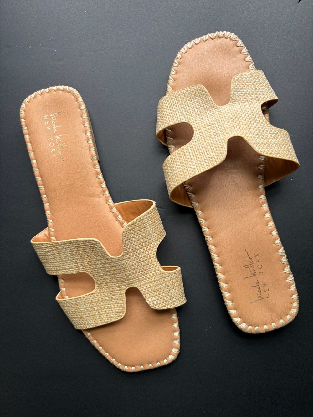 Nicole Miller New York Raffia H Cutout Slide Sandals Size 9.5 Hermes Oran Dupe